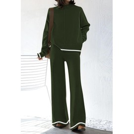 Fixmatti Women's Knitted 2 Piece Striped Sets Long Sleeve High Neck Sweater Wide Leg Pant Set Loungewear Army Green L