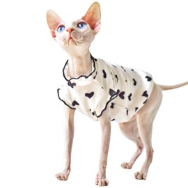 QBLEEV Sphynx Cat Clothes – Breathable Cotton Cat Shirts for Hairless Cats, Summer Pet Apparel with Heart Pattern & Ruffle Sleeves, Lightweight Cat Vest for Indoor/Outdoor Wear