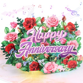 D4DREAM Jumbo Musical Anniversary Card with Lights - Flower 3D Pop Up Happy Anniversary Cards for Couple, Wife, Husband, Parents Envelope Included(Rose Paper Flowers Anniversary