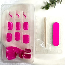 Hot Pink Press on Nails Short Square Fake Nails Full Cover False Nails with Design Glitter Swirl Glossy Glue on Nails Shiny Acrylic Stick on Nail Reusable Artificial Nail for Women Manicure 24Pcs
