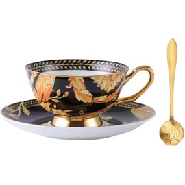 YBK Tech Cup& Saucer Set Bone China Tea Coffee Cup for Breakfast Afternoon Tea- Phoenix Feather (Black)