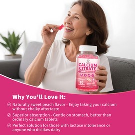 (3 Pack) Calcium Citrate Gummies 1200 mg for Adults, High Absorption Calcium Supplement for Women & Men, Sugar Free, Non-GMO, Gluten Free, Supports Muscle & Immune - Natural Peach Flavor