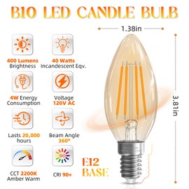 GvvooHome GvvooHome 40 watt Candelabra Light Bulbs, Chandelier Light Bulbs Non-Dimmable E12 LED Bulb, 2200K Amber Warm, B10 Candle Light Bulbs, 90+CRI, 400LM, Amber Glass Finish, 6 Pack