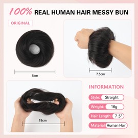FGZJMAE Human Hair Bun Extension #1B Natural Black Wavy Tousled Stretchy Fluffy Donut Updo Human Hair Bun Extension Chignons Scrunchies Ponytail Extensions(1 Count #1B Natural Black