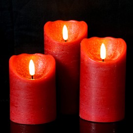 Wondise Red Flameless Candles Battery Operated with Timer, 3D Wick Real Wax LED Red Pillar Candles for Home Decoration, Set of 3(3 x 4/5/6 Inches)