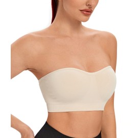 ANGOOL Bandeau Strapless Bra Women's without Underwire Padded Bralette Bra Seamless Tube Top Bra with Transparent Straps, beige