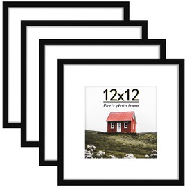 Picrit 12x12 Picture Frame Set of 4, Made of High Definition Real Glass, Display 8x8 with Mat or 12x12 Without Mat, Photo Frames for Wall Mounting Display, Black