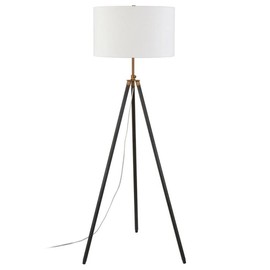 Henn&Hart Two-Tone Floor Lamp with Fabric Shade in Blackened Bronze/Antique Brass, for Home, Living Room, Bedroom, Entertainment Room, Office, Kitchen, Dining