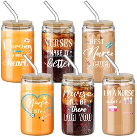 Sumind 6 Pcs Nurse Gifts Glass Cups 16 oz Coffee Drinking Jars with Lids and Straws Nurse Appreciation Gifts for Women Nursing Student, Rn, Lpn, Retirement, Birthday, Graduation Party Favors