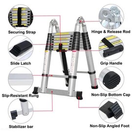 2.5M+2.5M(5M/16.5Ft) Telescopic Ladder Household Ladders,Aluminum Telescoping Extension Ladder A-Frame Lightweight Portable Multi-Purpose Folding Ladder,330LBS（150KG） Capacity Silver