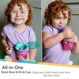 Nuby All in One Snack Bowl and No Spill Soft Straw Cup - 2 Pack Pink Butterflies & Aqua Fruits - Snack N' Sip, Holds: 4.5 oz Container with Lid and 9 oz/ 270 ml Straw Cup (12 Months +)