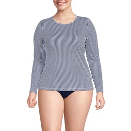 Lands' End Women's Long Sleeve Relaxed UPF 50 Rash Guard, Deep Sea Navy Mini Stripe, XX-Large Plus