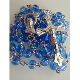 Catholic Blue Glass 5 Decade Rosary Silver Tone Crucifix 20"