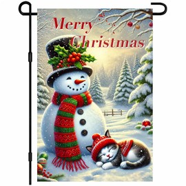 BlissYard Merry Christmas Garden Flag 12x18 Inch Double Sided Snowman Flags Red Green Scarf Cat Sleeping Snow Pine Tree Small Yard Flag Winter Decoration for Outdoor Porch Lawn Seasonal Display