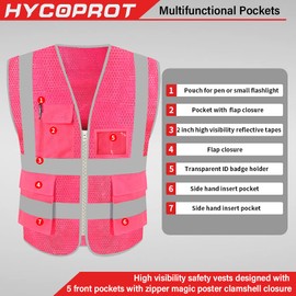 HYCOPROT High Visibility Mesh Safety Reflective Vest with Pockets and Zipper, Meets ANSI/ISEA Standards