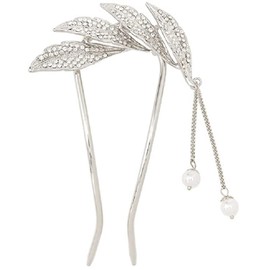 Miaomyao Kanzashi, Kanzashi, Bee Shape, Two-legged Kimono Kimono, Closed-sleeve Hair Ornament, Metal, Antique Leaf Flower, Pearl, Zirconia, U-Shaped Comb, Hair Accessory (Silver)