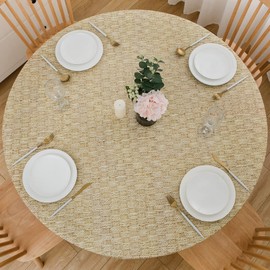 LIBERECOO Round Vinyl Fitted Tablecloth with Flannel Backing Elastic Edge Plastic Table Cover Waterproof Table Cloth Stain-Resistant Wipeable for 45"-56" Round Table