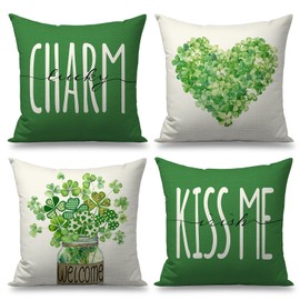FUYUCHEN St Patricks Day Pillow Covers 18x18 Set of 4 Heart Shamrocks Clovers Mason Jar Decorative Throw Pillow Cases for Sofa Couch Home Farmhouse Holiday St Patricks Day Decorations