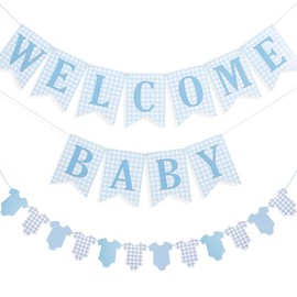 Juego de pancarta de baby shower a cuadros azules – Banner de bienvenida para bebé, decoración premontada para niño, revelación de género, accesorio para fotos, letrero de puerta de ducha para bebé