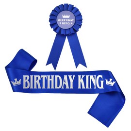 Birthday King Pin Badge Sash Blue Silver Birthday Corsage Brooches with Ribbon Celebration Bday Birthday Gifts for Men Boys Him Happy Birthday Party Themed Dress Decors