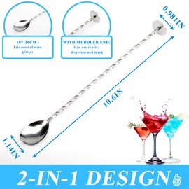 YUNAI Stainless Steel Bar Mixing Spoon with Masher, Twisted Cocktail Shaker Spoon Bar Drink Mixer Stirrer for Bartender Home Bar Restaurant Use, Silver, 10''/26cm, 2 in 1