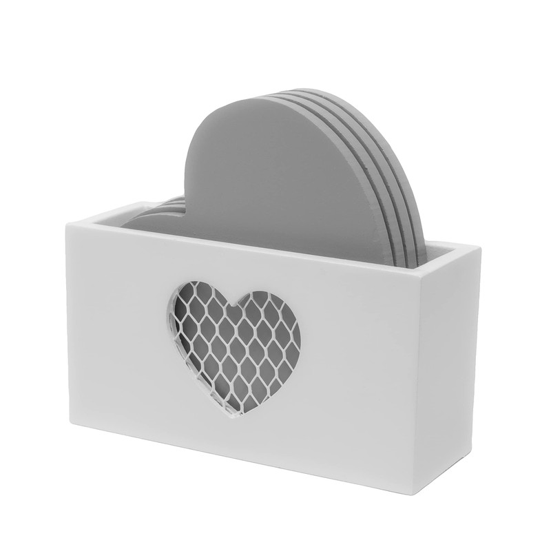 Set of Four Grey Heart Shaped Coasters in White Holder