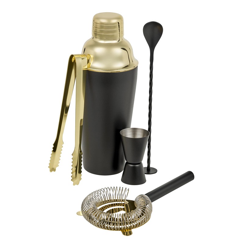 Homiu Cocktail Shaker Set Black and Gold 5-Piece, Stainless Steel