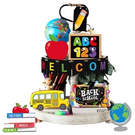 14 Pcs Back to School Theme Tiered Tray Decor Set First Day of School Wooden Table Signs Welcome Banner School Bus Chalkboard Wooden Table Sign Wood Tabletop Tiered Tray for Classroom Party Supplies
