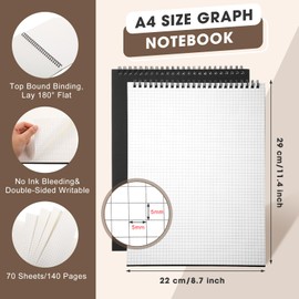 Engrowtic 6 Pack Top Spiral Graph Paper Notebooks 8.7 x11.4 Inch A4 Grid Paper Notepad 70 Sheet Memo Steno Pad for Engineering Writing Sketching Drawing School Office Supplies (Black)