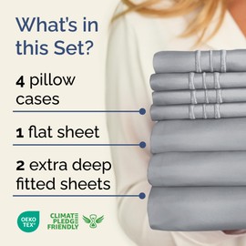 CGK Unlimited Extra Deep Split King Sheet Set - 7 Piece Breathable & Cooling Sheets - Hotel Luxury Bedding Set w/18-24 Inch Extra Deep Pockets - Easy Fit, Soft, Wrinkle Free & Comfy - Steel Blue, Split King Size