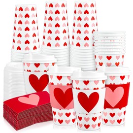 48 Sets Valentine's Day Disposable Coffee Cups with Lids and Sleeves Red Pink Heart Paper Drinking Cups for Valentine Restaurant Travel Business Supplies