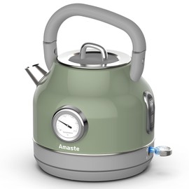 Amaste Electric Kettle, Retro Electric Tea Kettle with Thermometer, 57 Oz Hot Water Kettle for Coffee & Tea, 304 Stainless Steel, 1500W Fast Boiling, Auto Shut-Off & Boil Dry Protection, Matcha Green