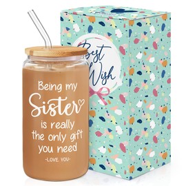 SANDJEST Sister Gifts from Sister - Funny Sister Cup 16 Oz Can Glass with Bamboo Lid & Straw - Gift for Sister for Birthday Sisters Coffee Cup Gift for Women