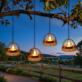 KOOPER Hanging Solar Lanterns Outdoor Waterproof, 4 Pack Flickering Solar Powered Tea Lights, Rust Iron Ball Candle Holder Hanging Solar Lights for Backyard Garden Patio Yard Fence Tree Decoration