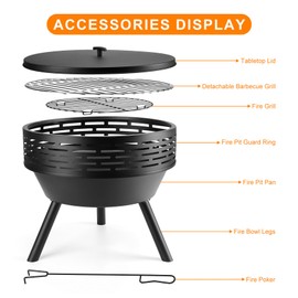 PWSOMJ 23 Inch Cast Iron Round Fire Pit with Grill, 3-in-1 Outdoor Fire Bowl, Fire Pit Table with Metal Lid and Fire Poker, Wood Burning Firepit for BBQ Bonfire Patio Picnic