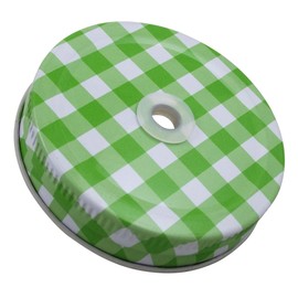 Sunshine Mason Co. Glass Mason Jar Drinking Mug set with handle, Green Gingham lids and White Straws, Set of 6