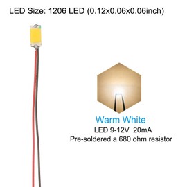 PATIKIL 1206 Pre-Wired Micro LED, 24 Pcs 9-12V Pre-soldered Mini Light Emitting Diodes Surface Mount Device for Model, DIY, 9.8" Length, Warm White