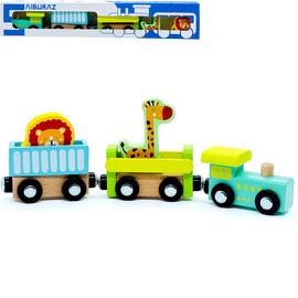 Wooden Trains Cars with Crane Magnetic Train Toys for Wooden Train Tracks Train Sets for Toddlers and Kids Ages 3+ (Zoo Train)