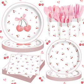 140 Pcs Cherry Birthday Supplies Cherry Party Supplies Disposable Cherry Party Paper Plates Cups and Napkins Tableware Set Serves 20