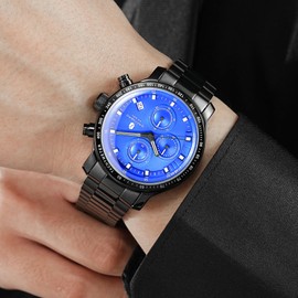 SAPPHERO Watches Men's Chronograph Men's Watches Analogue Quartz 50 m Waterproof Luminous Hands Date Casual Business Watch Classic Design Elegant Gift, black and blue, Bracelet