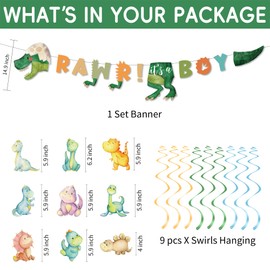 Owelleny Boy Dinosaur Baby Shower Decorations Banner and Party Swirls Set, Jungle Animal Dino Theme Rawr It's a Boy Party Banner and Hanging Set Supplies Decorations