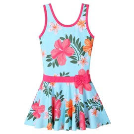 BAOHULU Toddler Girls Swimsuit One Piece Cute Floral Dress Swimwear 3-8 Years S349_CyanFlower_140/146