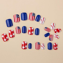 Patriotic Press On Nails for 4th of July - Red White And Blue American Flag Nails - Short Fake Nails - Independence Day Nail Art -fourth of July Nails For Girls Women - 24Pcs Full Set