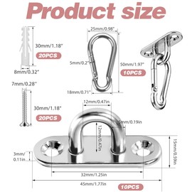 Yuragim Pack of 10 Stainless Steel Carabiner and Eye Plate with Eyelet and Carabiner Hook, Stainless Steel Deck Plate for Boat & Outdoor Accessories, Awning Wall Mounting, Ceiling Mounting, Hammocks