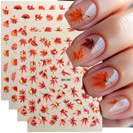 Maple Leaf Nail Stickers Fall Leaf Nail Art Stickers 4PCS 3D Laser Autumn Leaves Fall Nails Design Self-Adhesive Nail Decals Thanksgiving Nail Art Supplies Manicure Accessories for Nail Decorations