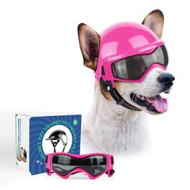 PETLESO Dog Goggles for Small Dogs with Helmet, 2pcs Dog Sunglasses and Dog Helmet Set for Small Medium Dog Outdoor Driving Walking, Pink Hat and Pink Glasses