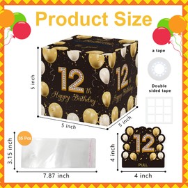 Birthday Money Box for Cash Gift with Pull Out, Cute 12th Birthday Gifts for Boys Girls, Black Gold Birthday Decor for 12th Birthday Party, 12th Birthday Surprise Gift Box for Friends（with 35PCS Bags）