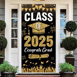 Bicuces Graduation Door Cover Graduation Party Decorations Class of 2025 Door Banner Congrats Grad Banner Black Gold Grad Photo Backdrop Porch Sign for Class of 2025 Party Decorations