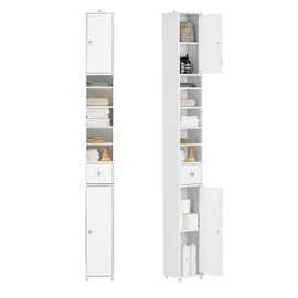SoBuy Bathroom Narrow Storage Cabinet, Skinny Tall Unit with Adjustable Shelves Slender, Bathroom Organizers and Storage, Anti-Tipping Floor Standing Cupboard Laundry Room, White BZR34-W
