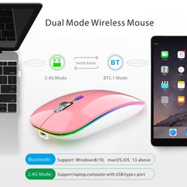 Uiosmuph Bluetooth Maus Kabellose, LED Funkmaus wiederaufladbar Leise Wireless Mouse 2.4GHz Kabellos Optische Maus mit USB Nano Empfänger für PC/Tablet/Laptop Computer (Rosa)